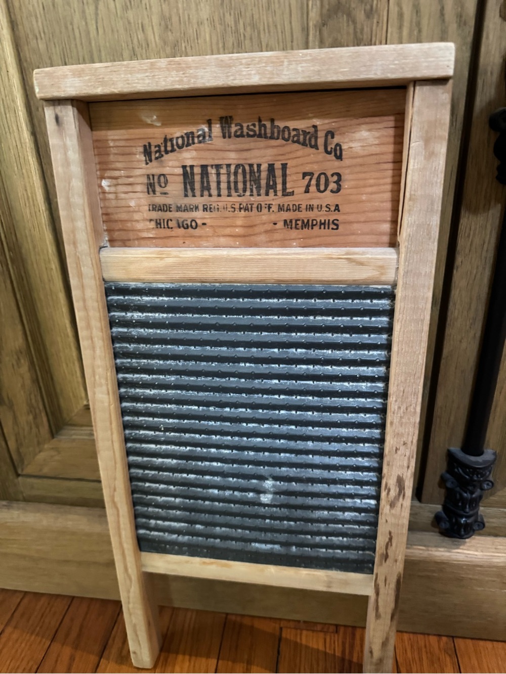 National 703 Wooden Washboard with Gray Metal Scrub Surface Antique Vintage